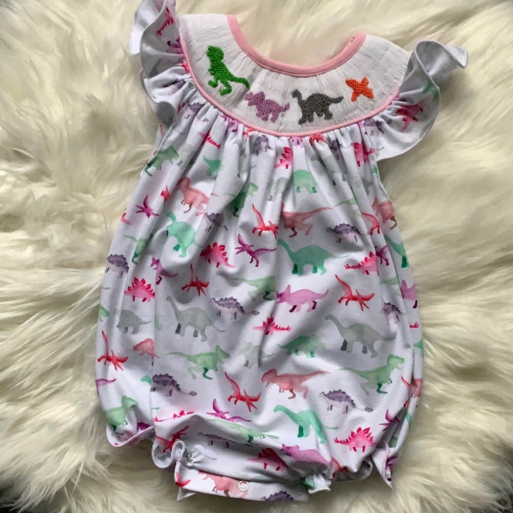 EUC smocked dinos bubble